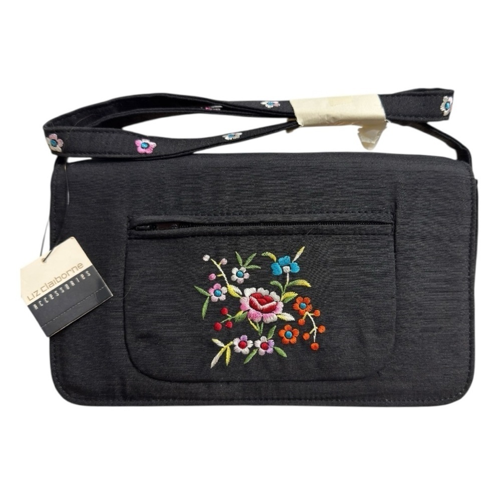 Liz Claiborne Black Embroidered Floral Crossbody Bag Vintage New With Tags - Picture 5 of 6